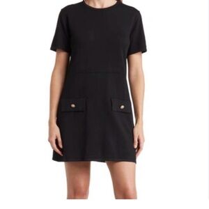 ZARA Women's Faux Suede BLACK DRESS Size Small Mini Short Sleeve Faux pockets